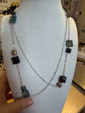 Layered Silver Chain Necklace with Multicolored Glass Cubes